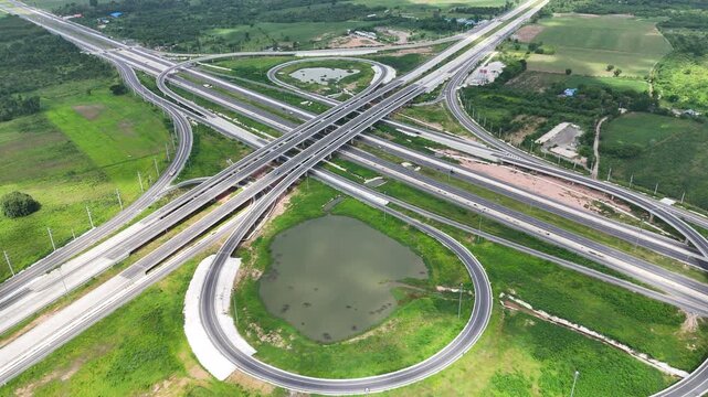 Drone footage aerial view bridge intersection between the highway numbers 290 and 304 Nakhon Ratchasima