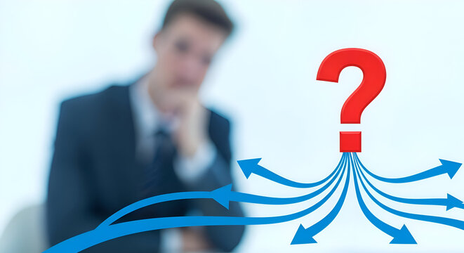 Confused businessman ponders multiple diverging pathways represented by blue arrows stemming from a large red question mark symbolizing difficult choices and uncertainty