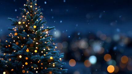 Deep blue fir branches illuminated with soft holiday bokeh, leaving a blank space in the middle for Christmas messages.