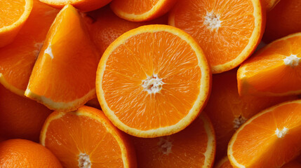 Macro background of juicy orange slices arranged in a vivid pattern.