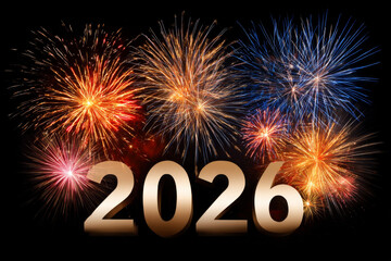 New Year 2026 number design with bright fireworks isolated on white.