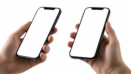 Two hands holding modern black smartphones with blank white screens, perfect for displaying app interfaces or messages on an isolated white background.