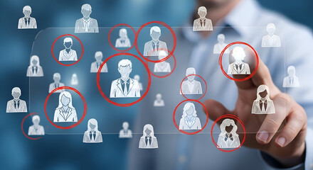 Business professional selecting key personnel from a digital network of sketched employee icons highlighted by red circles on a transparent interface against a blue background