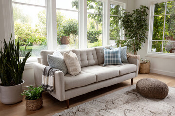 A warm, inviting modern living space with neutral furniture, greenery, and gentle daylight creating a serene home atmosphere.