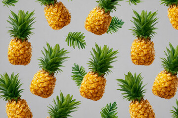 A charming pineapple motif repeated on a muted gray backdrop, with each fruit showcasing detailed texture and fresh green leaves. Ideal for summer visuals, food themes, or lively decorative prints.