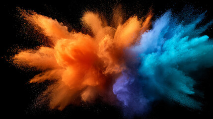 Colorful powder bursts dramatically against a black background, forming an energetic, explosive visual effect.