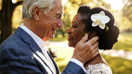 Senior interracial couple embracing and smiling affectionately outdoors in golden light for lasting love concept and marriage celebration