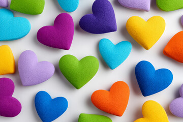 Hearts in vivid colors of purple, blue, green, yellow, orange, and red make a playful and energetic composition against a white background. This arrangement conveys joy and love, fitting for