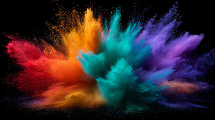 A vivid explosion of color powder captured on a dark backdrop, creating a striking and dynamic abstract scene.