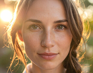 Close-up portrait of a young woman with freckles smiling gently in golden hour sunlight
