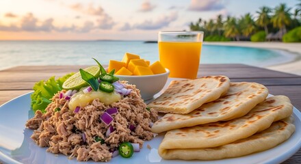 Tropical breakfast spread with fresh fruit and flatbread by the ocean