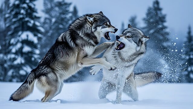 Intense Clash of Two Gray Wolves Fighting in Snowy Winter Forest