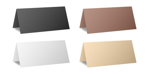 Set of table cards. White, black, beige, and brown bent sheets. Tent table card, nameplate