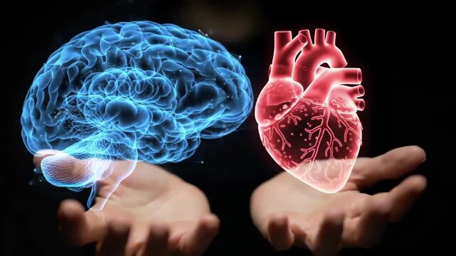 Hands holding holographic heart and brain on dark background. A concept of human health, body care, science, and medicine.