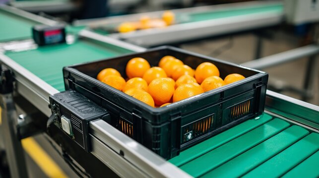 Oranges in black crate moving along a green conveyor belt in processing