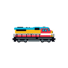 Colorful Diesel Locomotive Engine with Red, Yellow, and Blue Livery in a Flat Style.