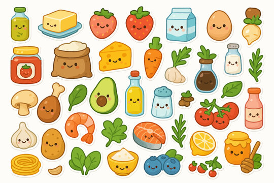 Cute kawaii food stickers with smiling faces and fresh ingredients