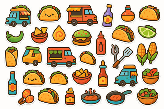 Colorful food truck and mexican cuisine doodle set with tacos and sauces