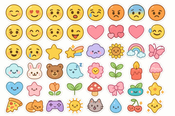 Colorful emoji and icon sticker collection featuring animals and nature elements