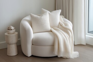 Cozy white boucle armchair with pillows in Cloud Dancer Color of the Year 2026