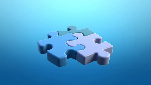Three Blue Puzzle Pieces Connecting Together Seamlessly on a Blue Background.