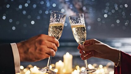 Couple toasting champagne glasses during a romantic candlelit dinner under a starry night sky for celebration concept and special anniversary