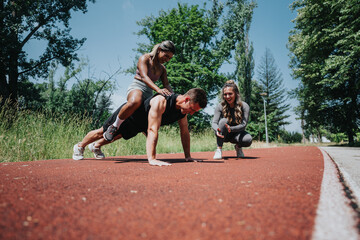 Three individuals engaged in an outdoor fitness session on a running track, demonstrating teamwork and motivation.