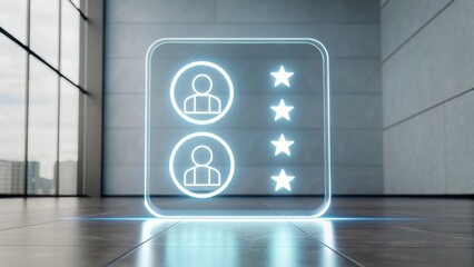 A digital interface displays user profiles with star ratings, set in a modern, sleek environment featuring large windows and minimalistic design.
