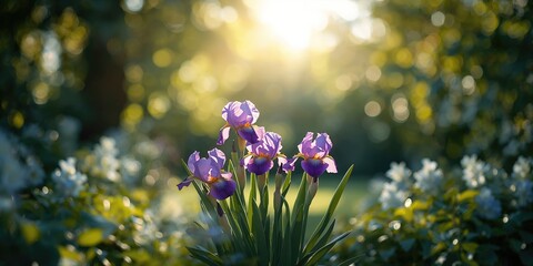 Obraz premium Iris flowers in full bloom within a garden scene, natural floral backdrop for cards, seasonal celebration