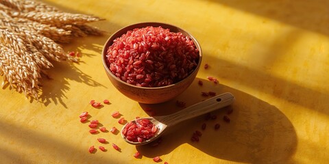 Red rice in a bowl with a spoon on a yellow surface, focusing on culinary display and ingredient texture, International Day of Awareness of Food Loss and Waste Reduction