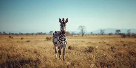 Obraz premium Wild zebra wandering through natural habitat, highlighting animal behavior in the wilderness