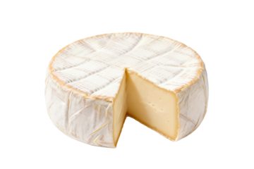Round camembert cheese with a slice cut out showing its creamy interior
