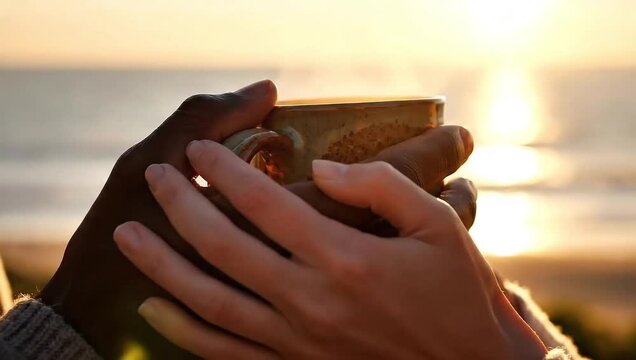 Diverse couple hands holding a warm steaming mug with ocean sunset background for a togetherness concept and peaceful romantic moment