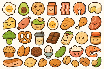 Fototapeta premium Cute cartoon food characters: breakfast, snacks, and meals with smiling faces
