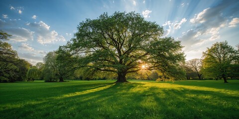 Naklejka premium Spring park setting with vibrant foliage designed for editorial header backgrounds and layout use