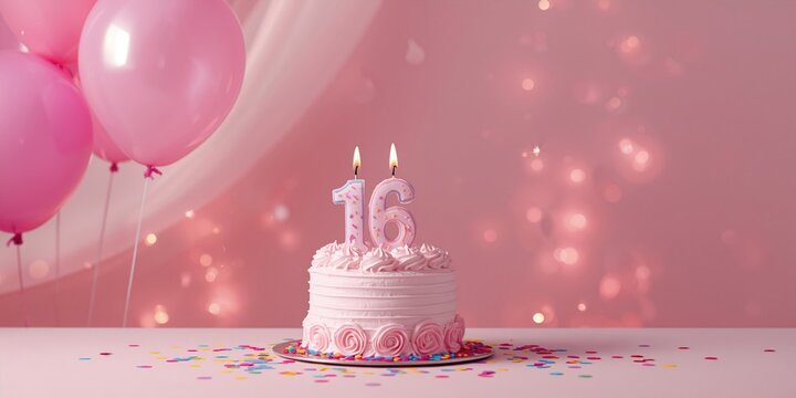 Balloons and a birthday candle in pink hues for a girls 16th birthday, highlighting party decor and age marking