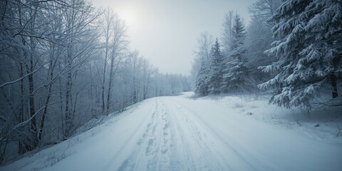 Obraz premium Serene snow-covered woodland pathway in monochrome, emphasizing winter preservation and frost impact