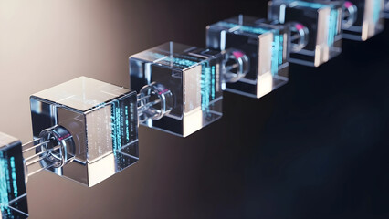 ブロックチェーンを象徴する連なるガラスの立方体と光のデータの近未来背景素材（3Dレンダリング・コピースペース）