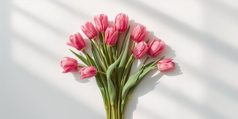 Close-up of pink tulips with vibrant petals resting on a plain white backdrop, ideal for spring-themed layouts