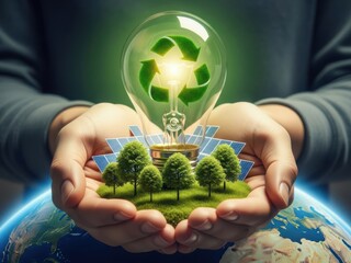 Hands holding light bulb with recycle symbol, solar panels, and trees