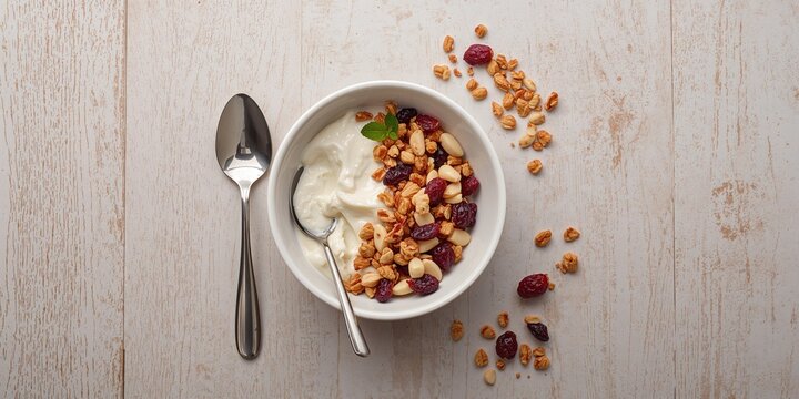 Bowl of yogurt topped with pine nuts granola dried cranberries and raisins, fiber-dense breakfast, World Food Day