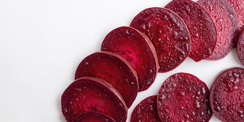 Raw beetroot slices arranged on a plain white surface, ideal for food styling or digital backgrounds