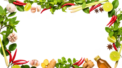 Fresh Thai cooking ingredients frame with herbs, spices, and vegetables