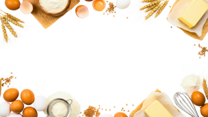 Baking ingredients frame with eggs, flour, butter, and wheat