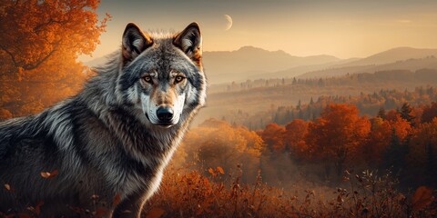 Male gray wolf in autumn forest setting, natural habitat for wildlife conservation awareness