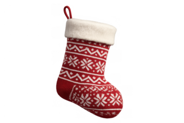 Red knitted christmas stocking with white snowflake pattern and fur cuff, hanging holiday decoration on transparent background