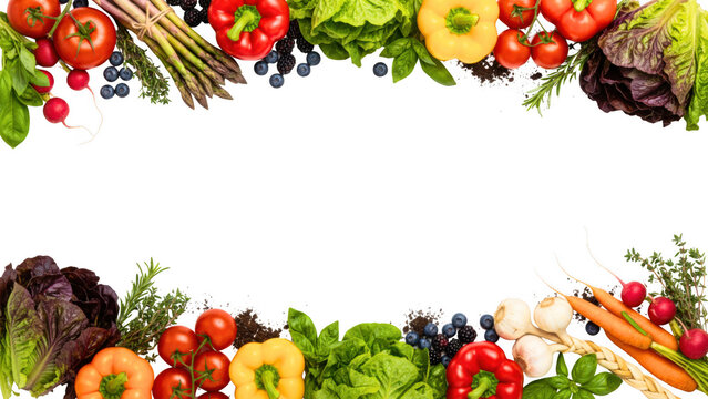Fresh organic vegetables, fruits, and herbs arranged as a vibrant border, showcasing healthy eating and natural ingredients.