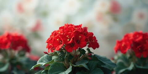 Obraz premium Detailed view of blooming red Geranium Pelargoniums, suitable for floral wallpaper design and ornamental plant display