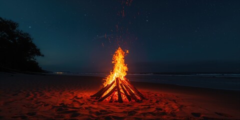 Bonfire scene during summer solstice with large logs burning, highlighting seasonal celebration