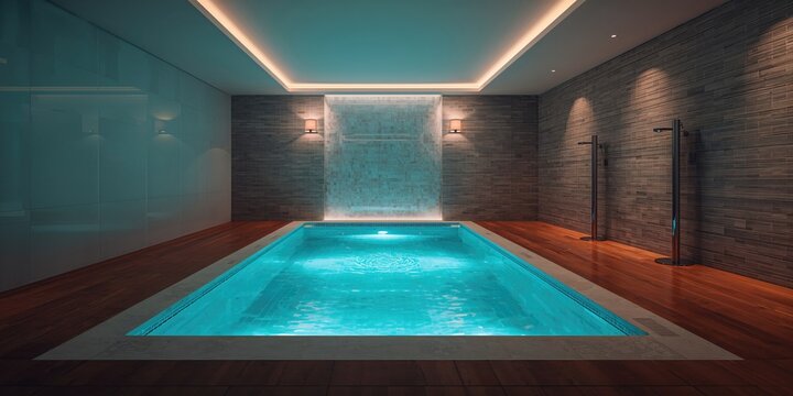 Two showers positioned by a blue swimming pool used for rinsing after swimming, focusing on outdoor water facilities
